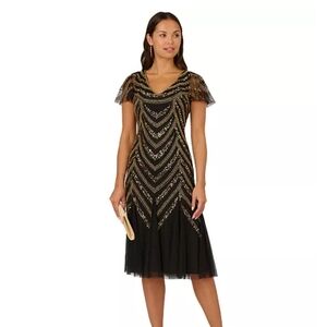 Adrianna Papell Black & Gold Beaded V-Neck Midi Dress